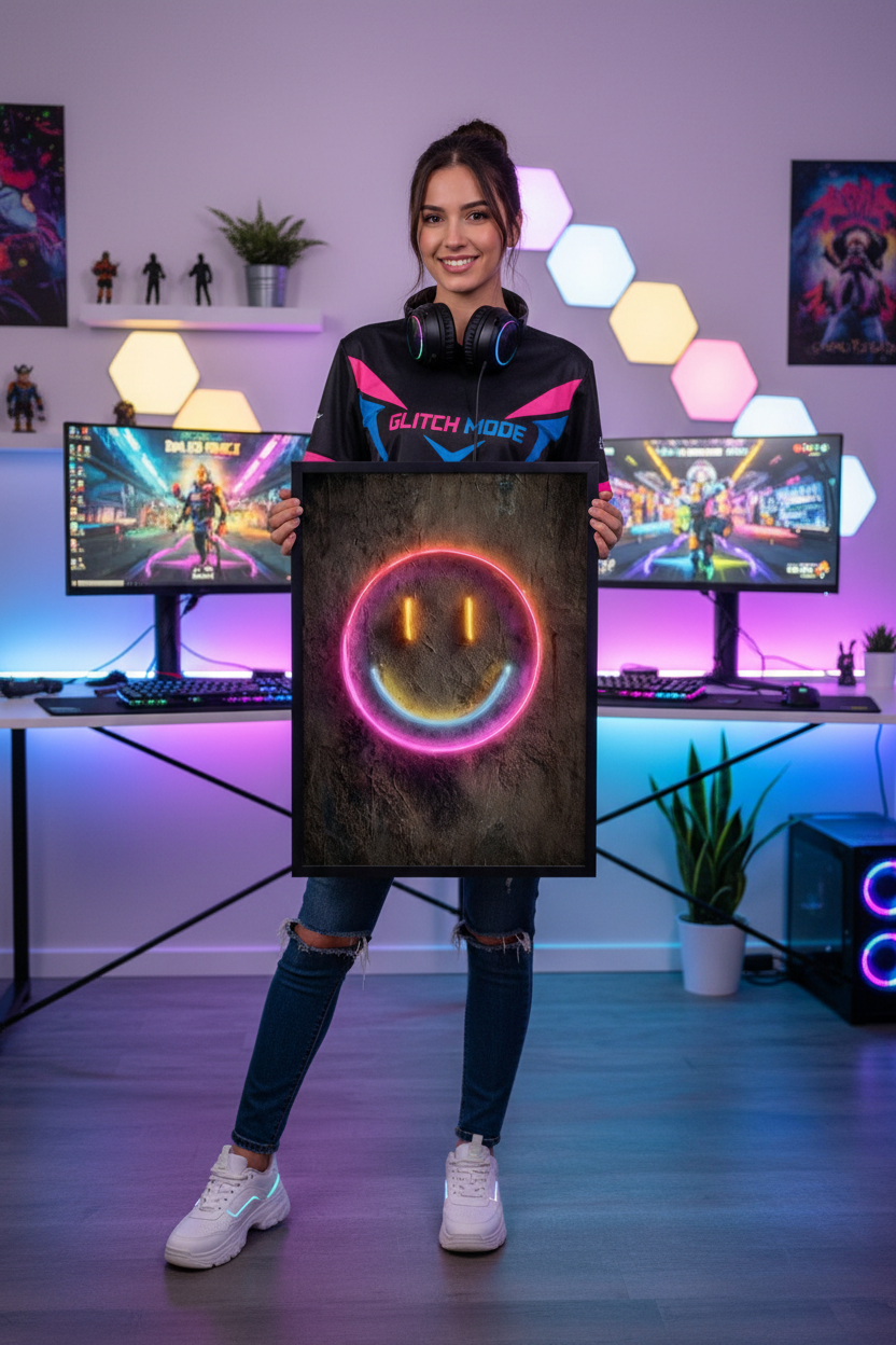 Gamer pige i gaming outfit holder plakat