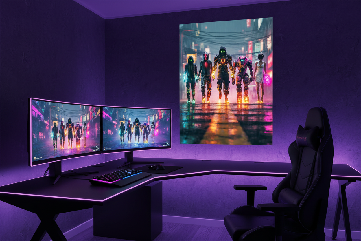 Gamer plakat 50x70 cm højkant over gaming setup med RGB belysning