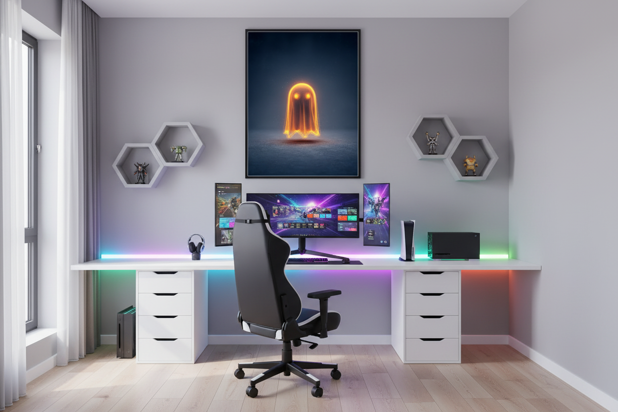 Gamer plakat højkant i lyst gaming soveværelse