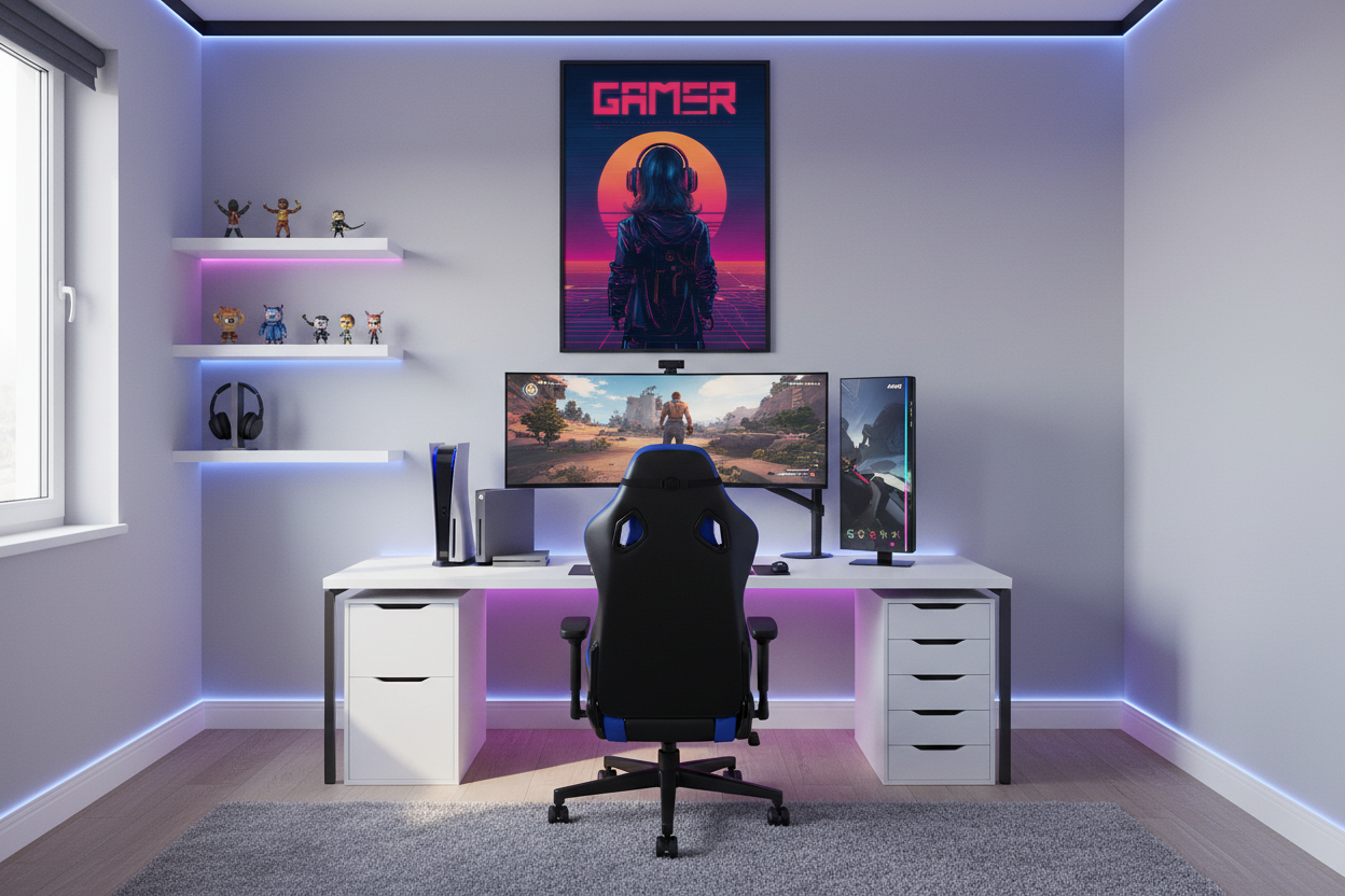 Gamer plakat højkant i lyst gaming soveværelse