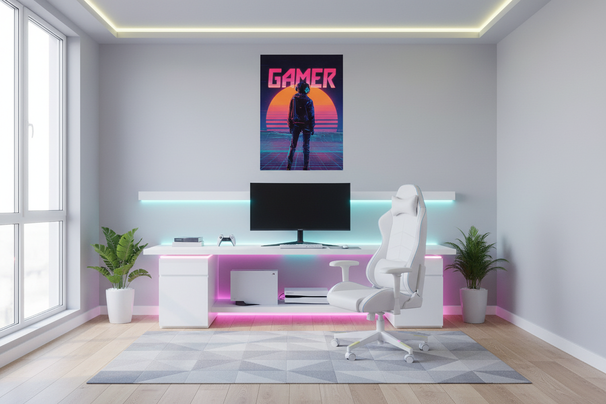 Gamer plakat højkant i lyst gaming soveværelse
