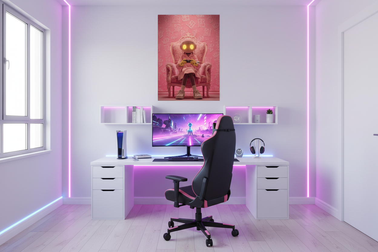 Gamer plakat højkant i lyst gaming soveværelse