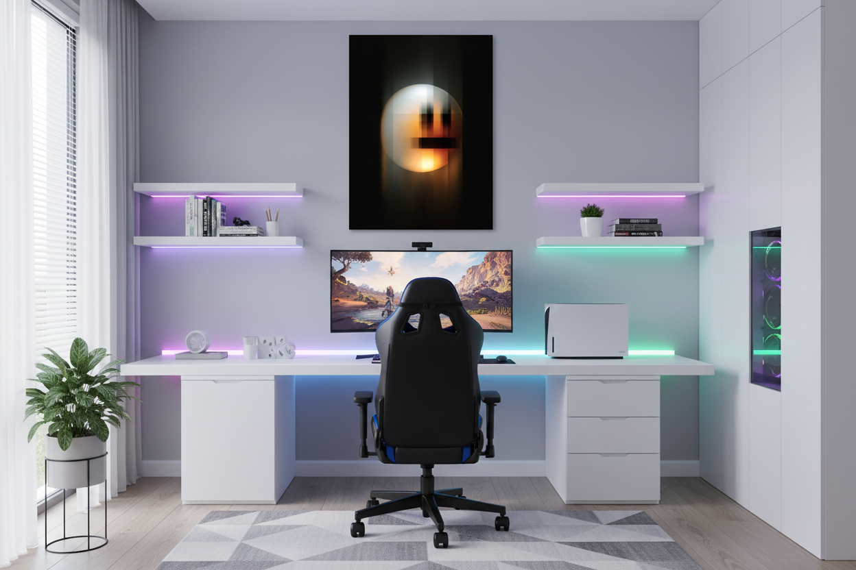 Gamer plakat højkant i lyst gaming soveværelse