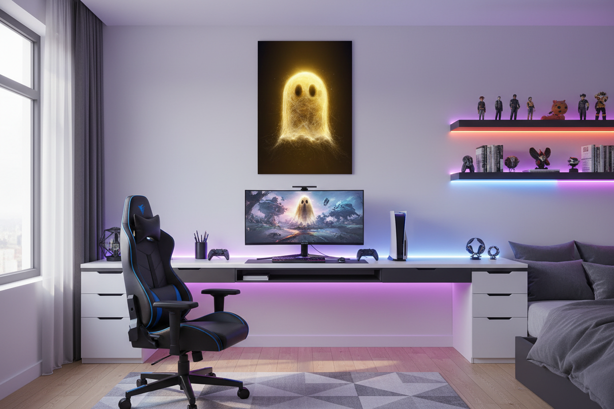 Gamer plakat højkant i lyst gaming soveværelse