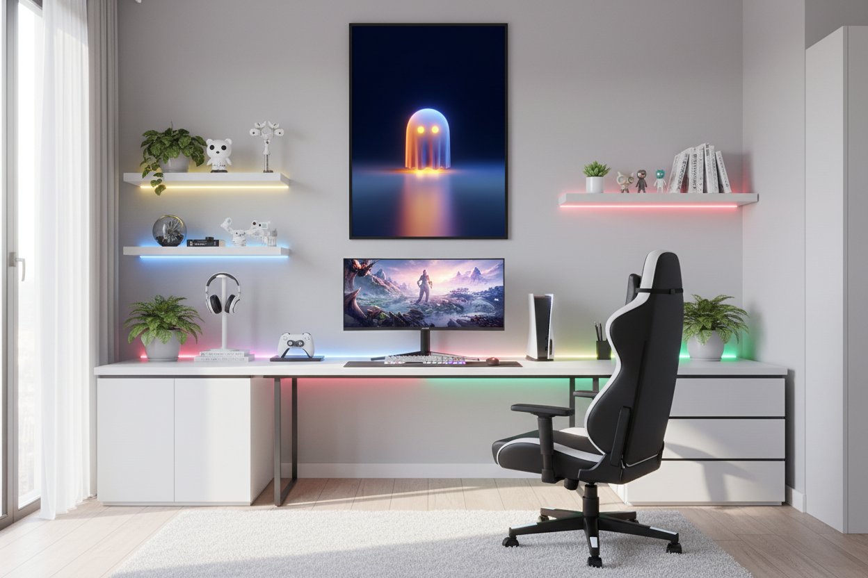 Gamer plakat højkant i lyst gaming soveværelse