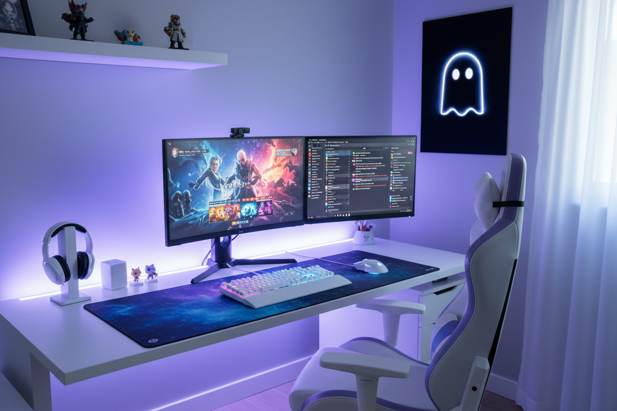 Gamer plakat højkant over lys gaming setup med farverig RGB belysning