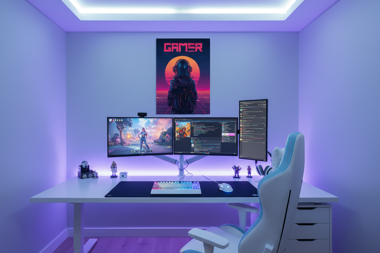 Gamer plakat højkant over lys gaming setup med farverig RGB belysning