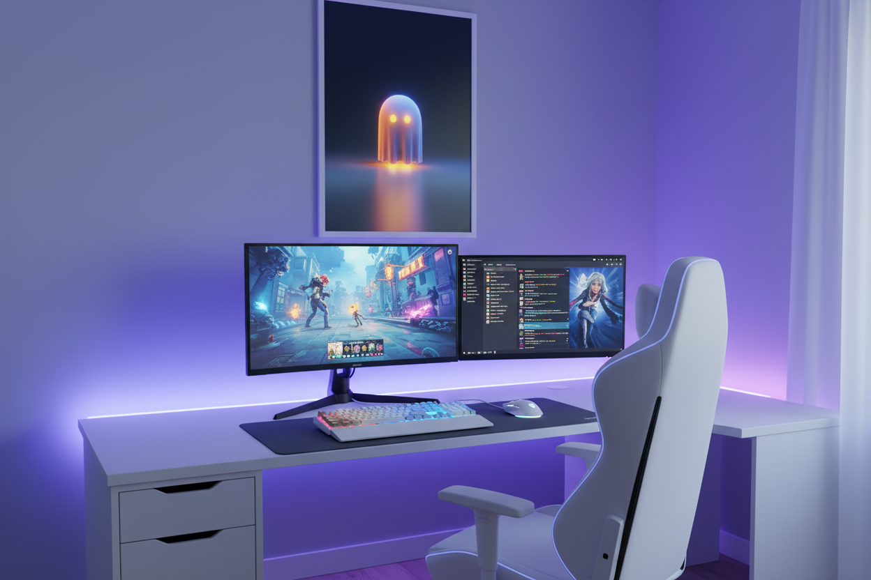 Gamer plakat højkant over lys gaming setup med farverig RGB belysning