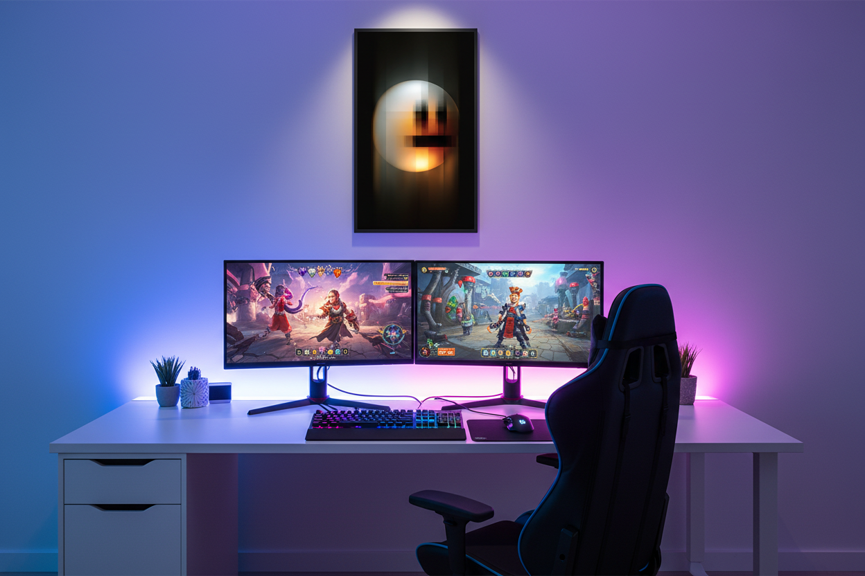 Gamer plakat højkant over lys gaming setup med farverig RGB belysning