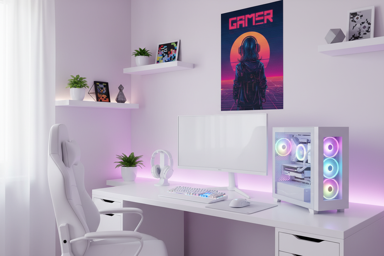 Gamer plakat højkant på lys væg i moderne gaming room