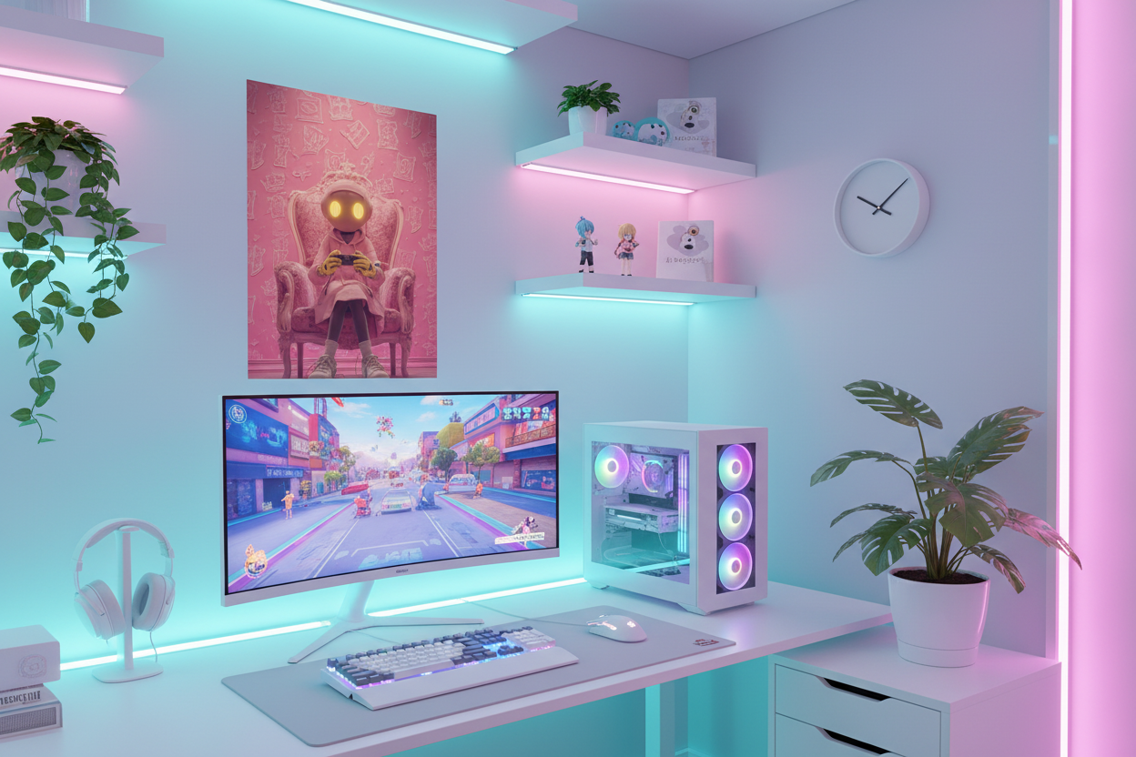Gamer plakat højkant på lys væg i moderne gaming room