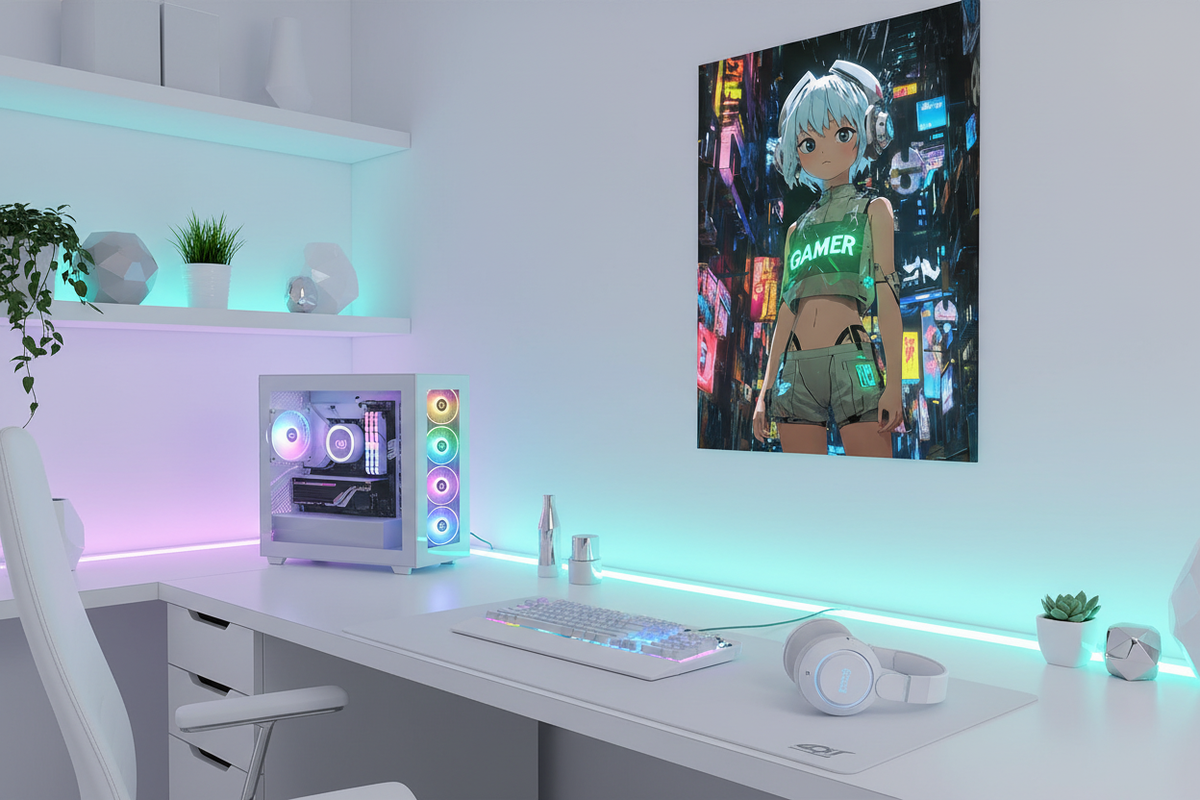 Gamer plakat højkant på lys væg i moderne gaming room