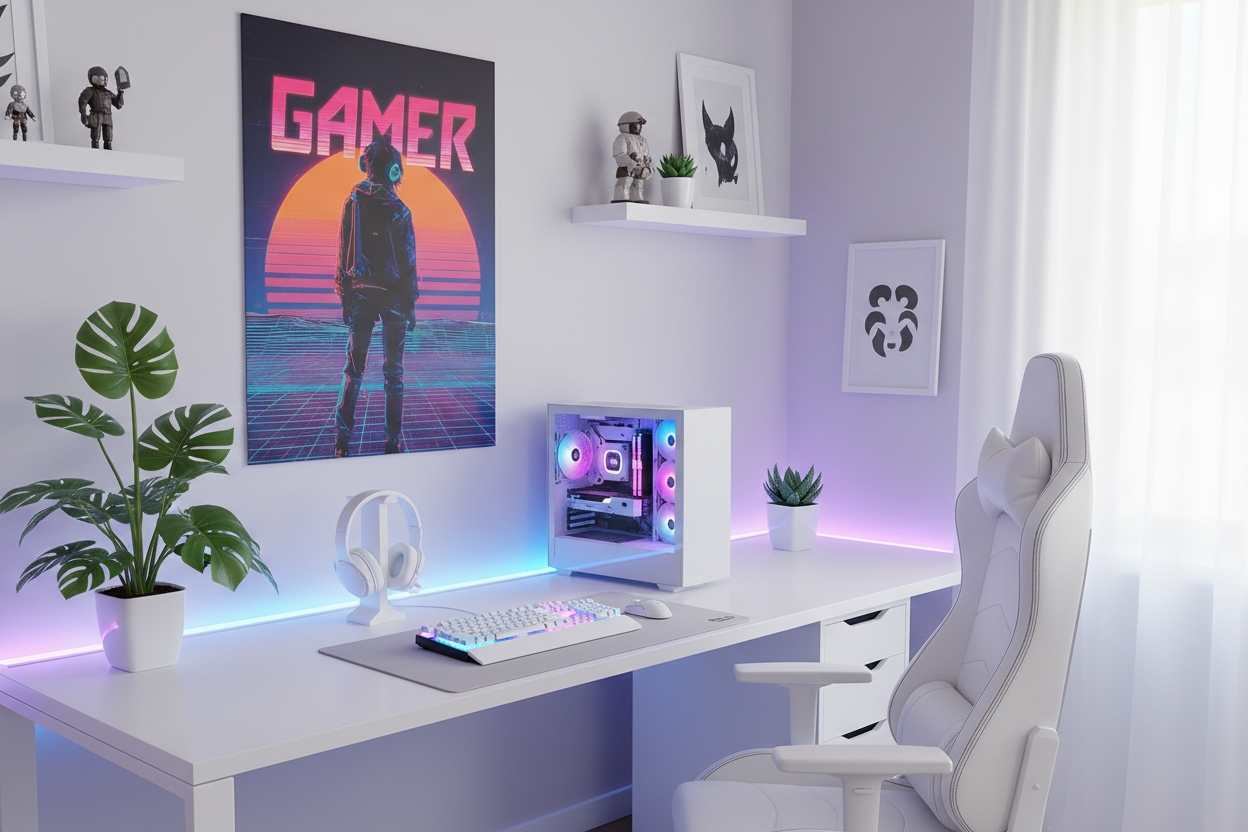 Gamer plakat højkant på lys væg i moderne gaming room