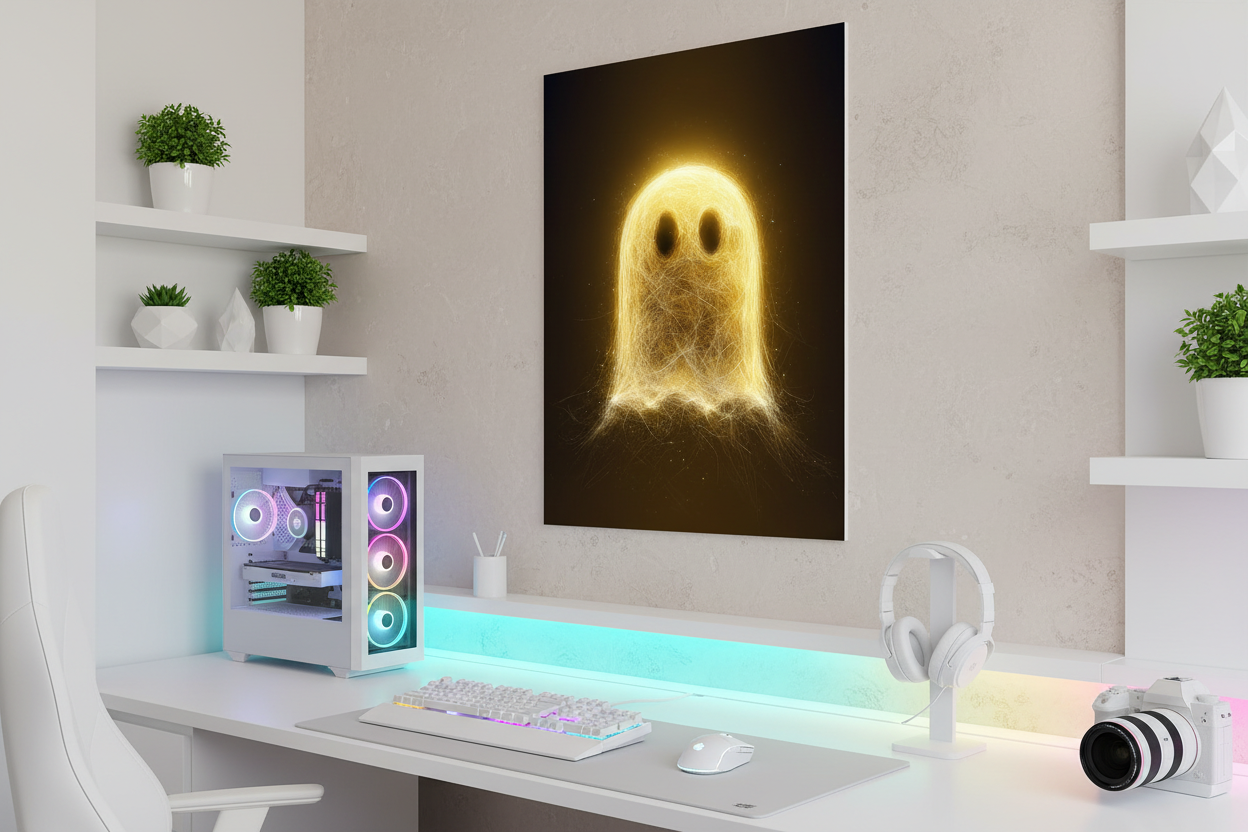 Gamer plakat højkant på lys væg i moderne gaming room