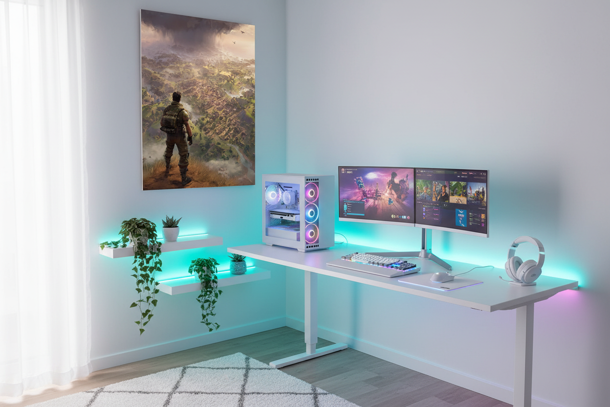 Gamer plakat højkant på lys væg i moderne gaming room