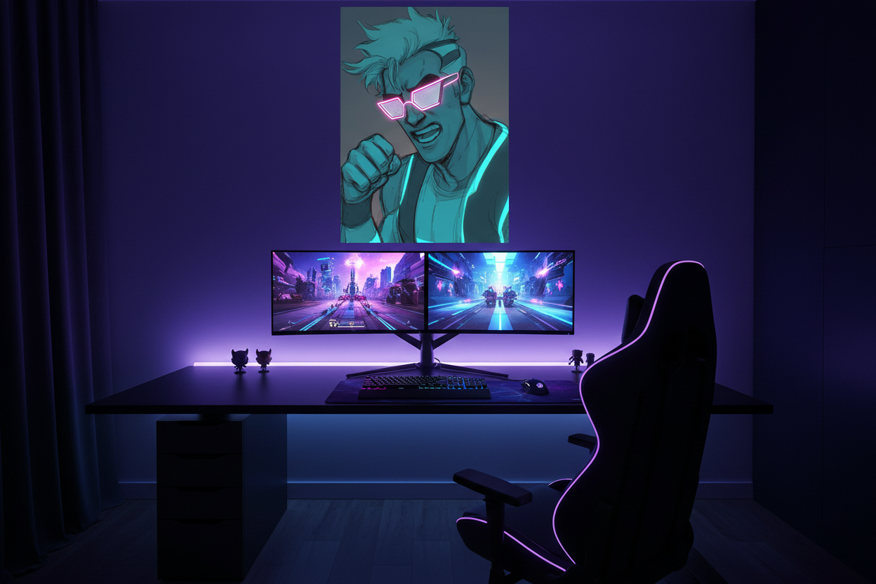 Gamer plakat over gaming setup med RGB belysning