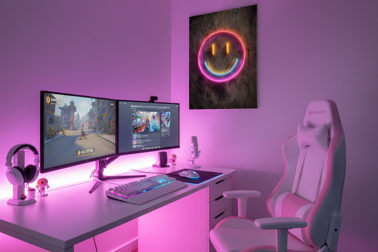 Gamer plakat over lys gaming setup med farverig RGB belysning