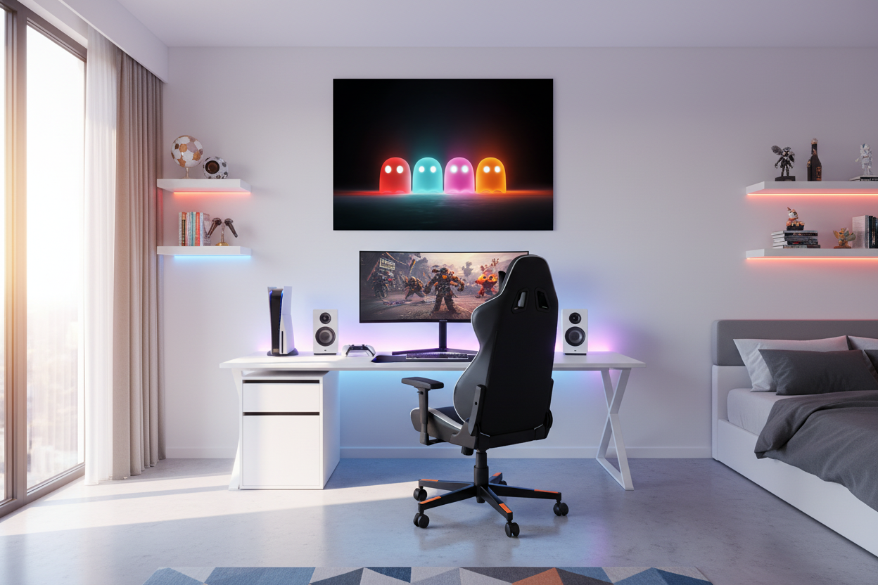 Gamer plakat vandret i lyst gaming soveværelse