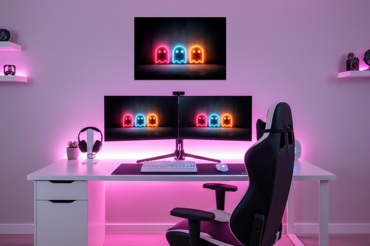 Gamer plakat vandret over lys gaming setup med farverig RGB belysning