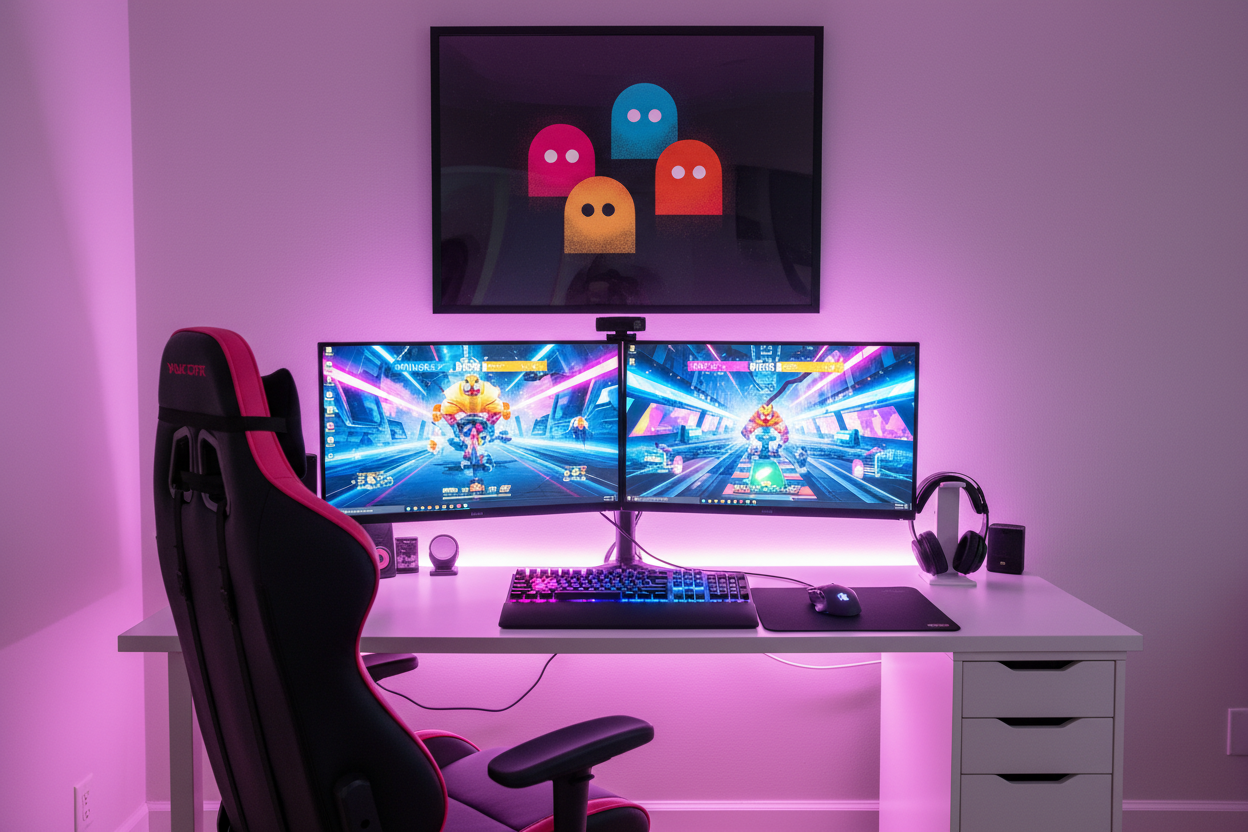 Gamer plakat vandret over lys gaming setup med farverig RGB belysning