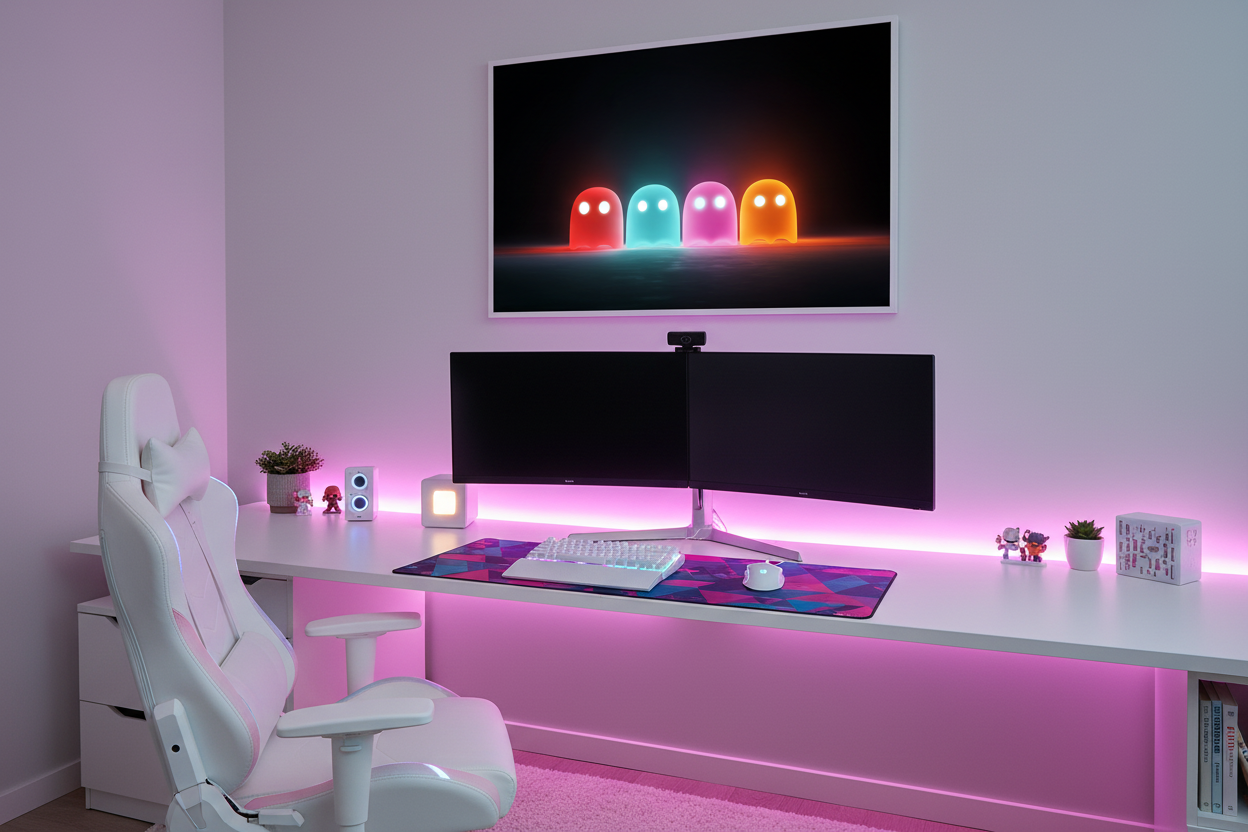 Gamer plakat vandret over lys gaming setup med farverig RGB belysning