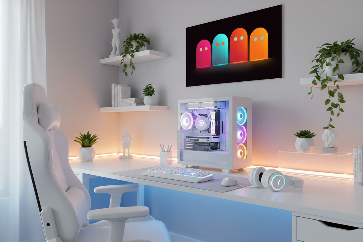 Gamer plakat vandret på lys væg i moderne gaming room