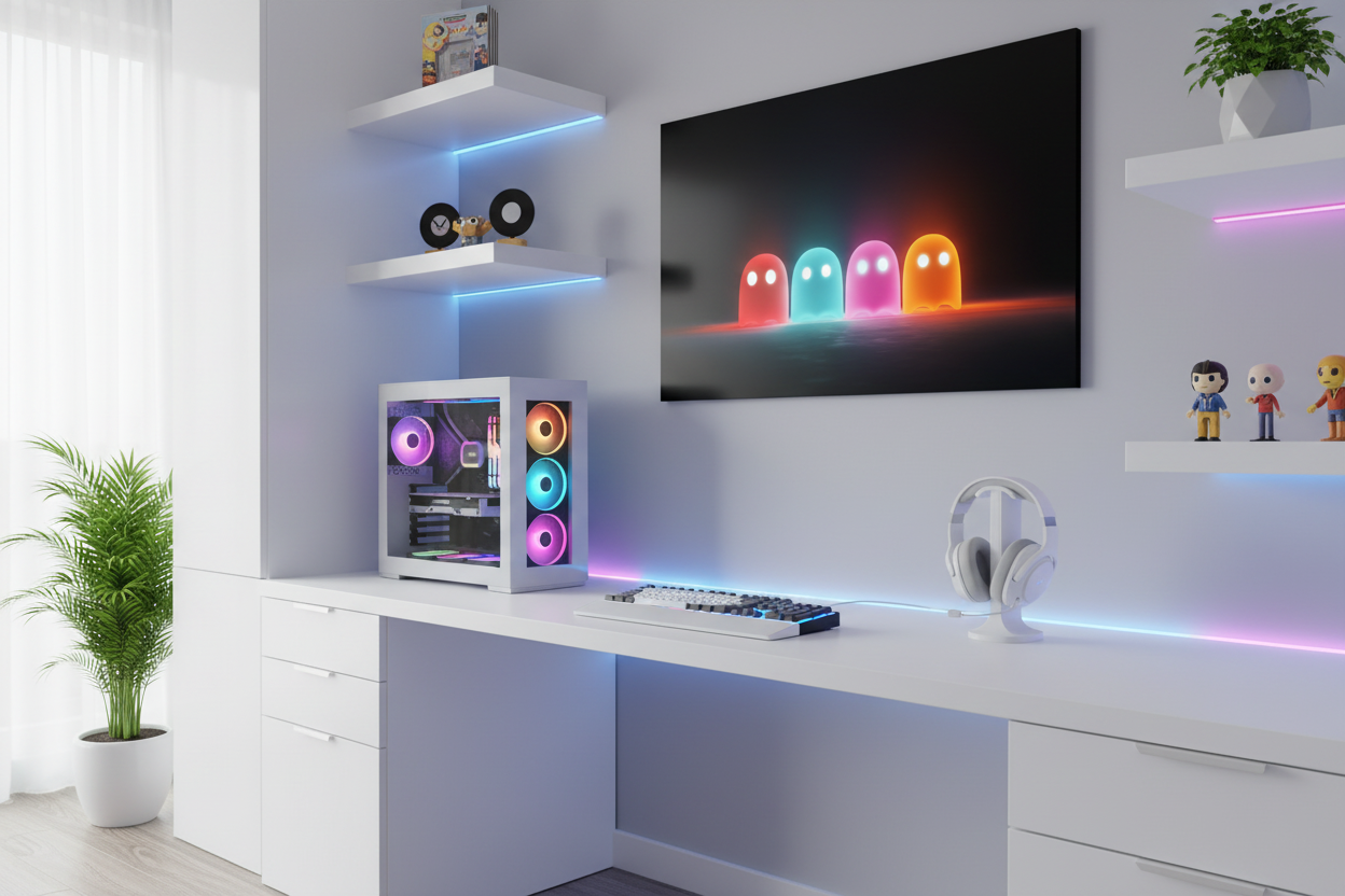 Gamer plakat vandret på lys væg i moderne gaming room