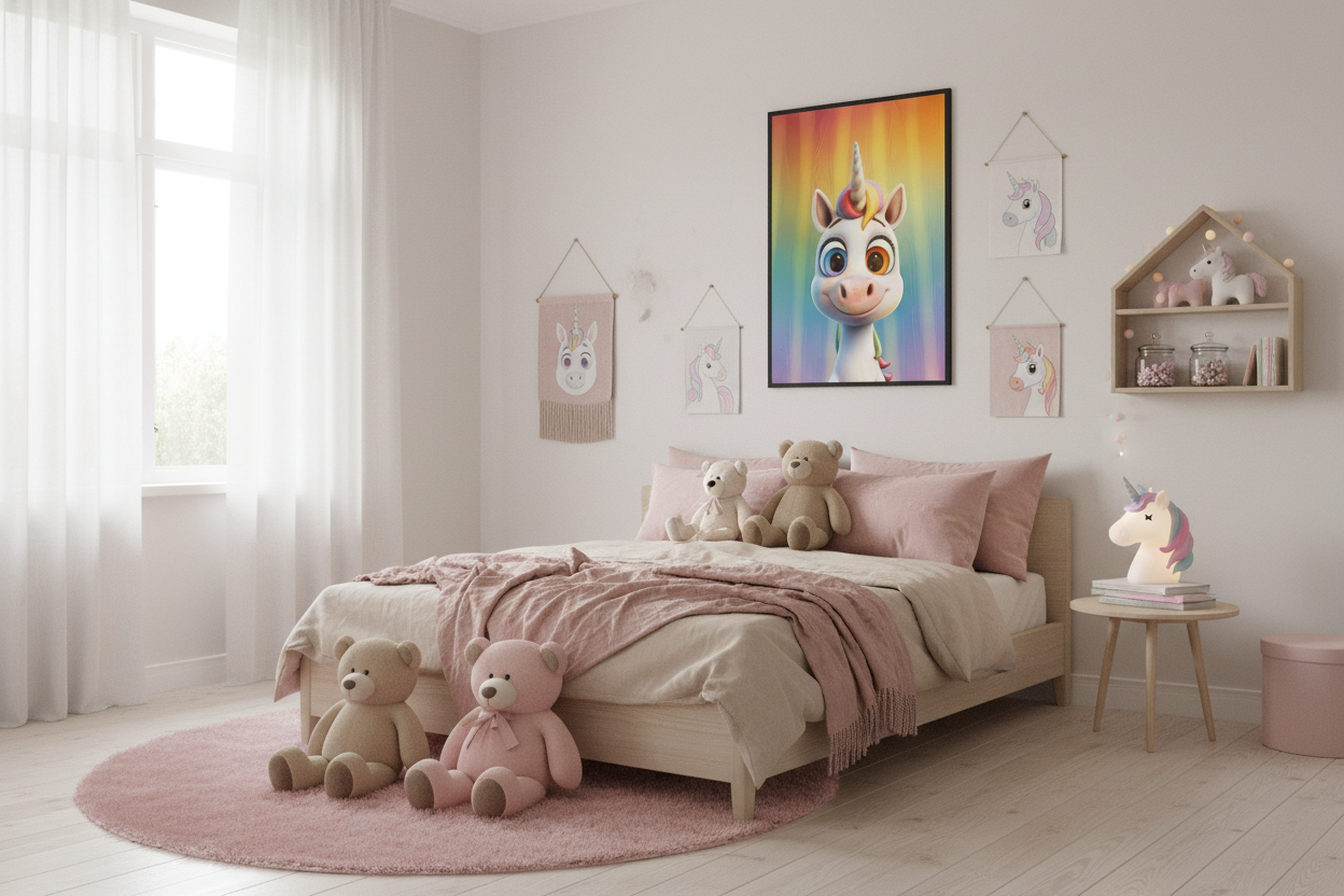 Hyggeligt børneværelse med enhjørning plakat