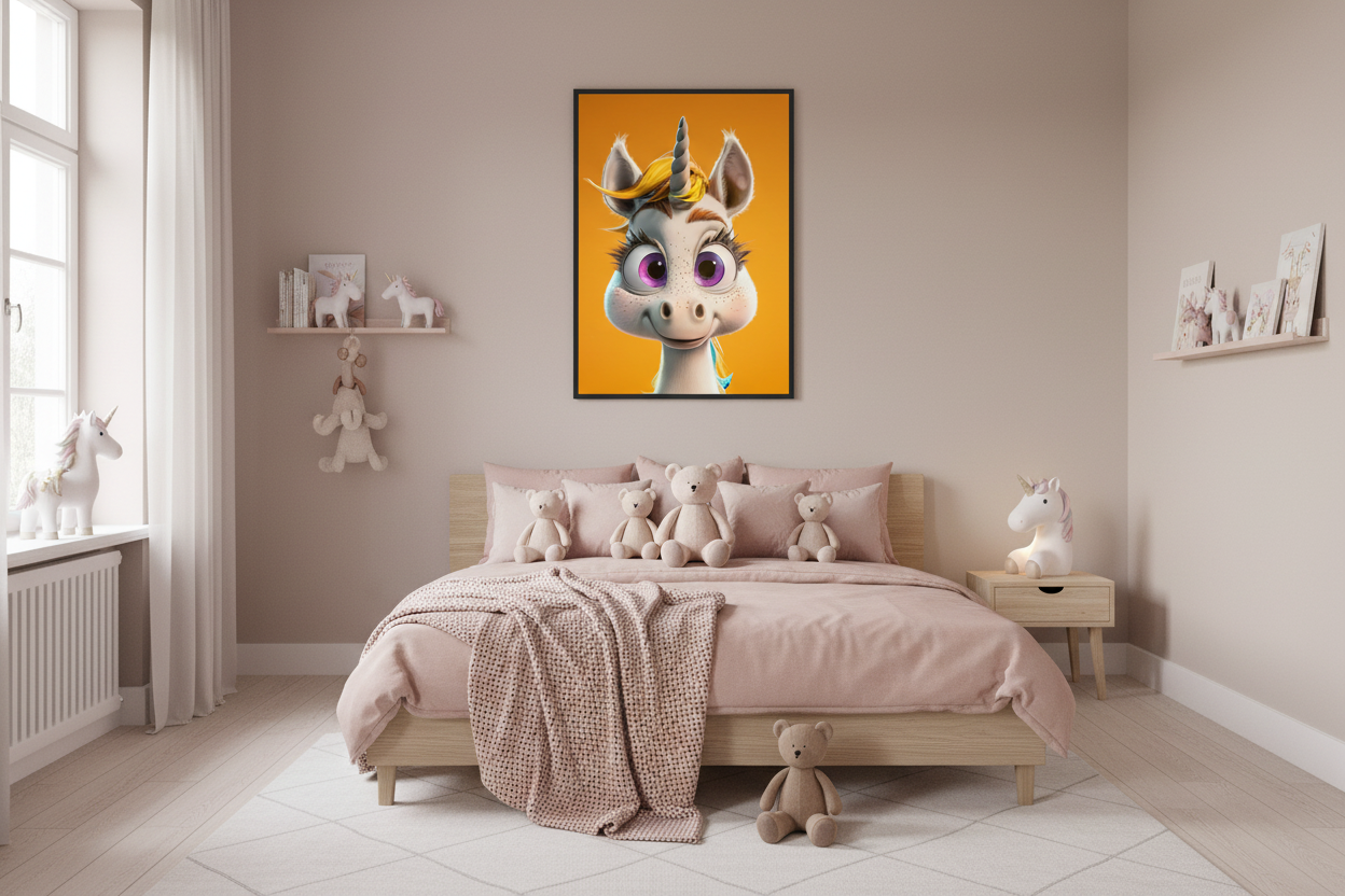Hyggeligt børneværelse med enhjørning plakat