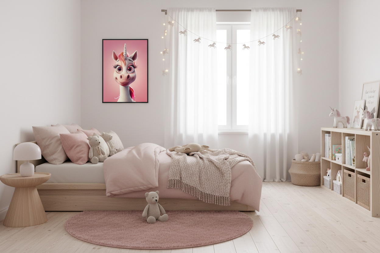 Hyggeligt børneværelse med enhjørning plakat