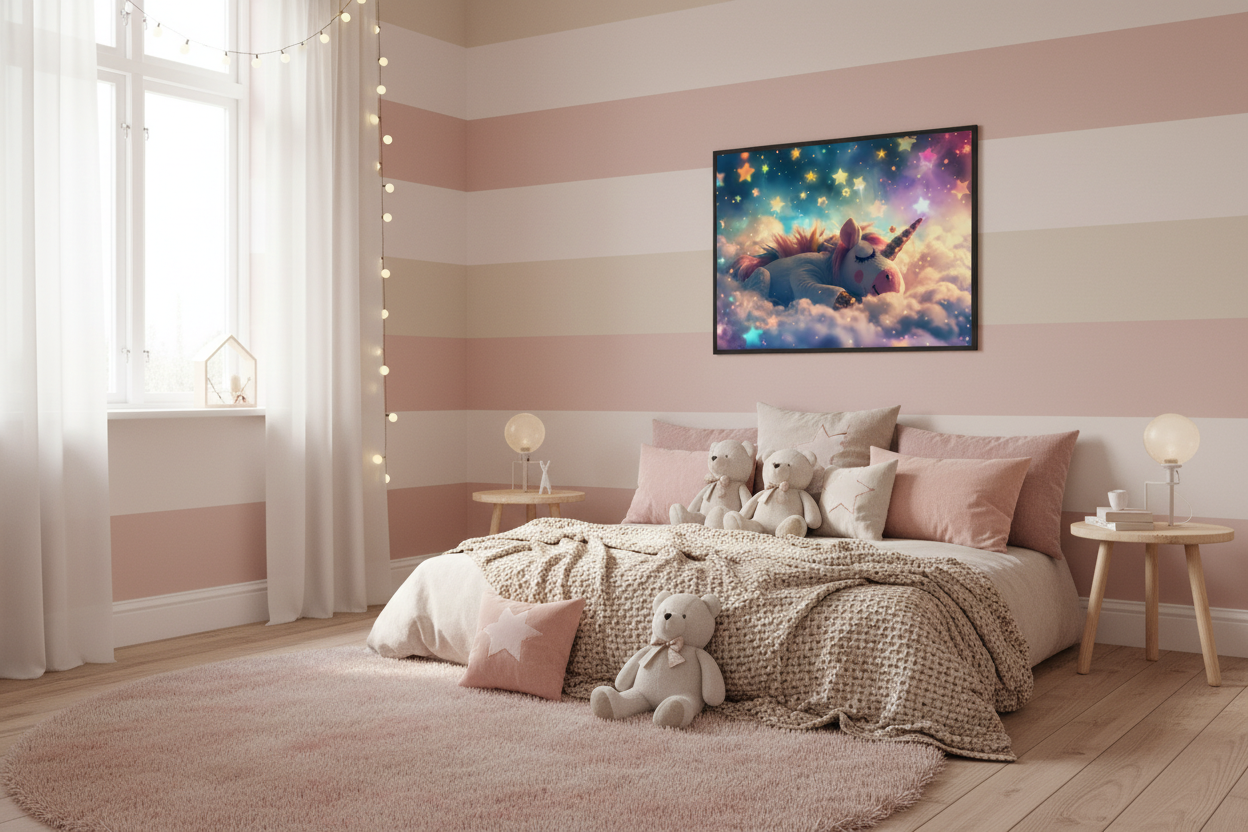 Hyggeligt børneværelse med enhjørning plakat
