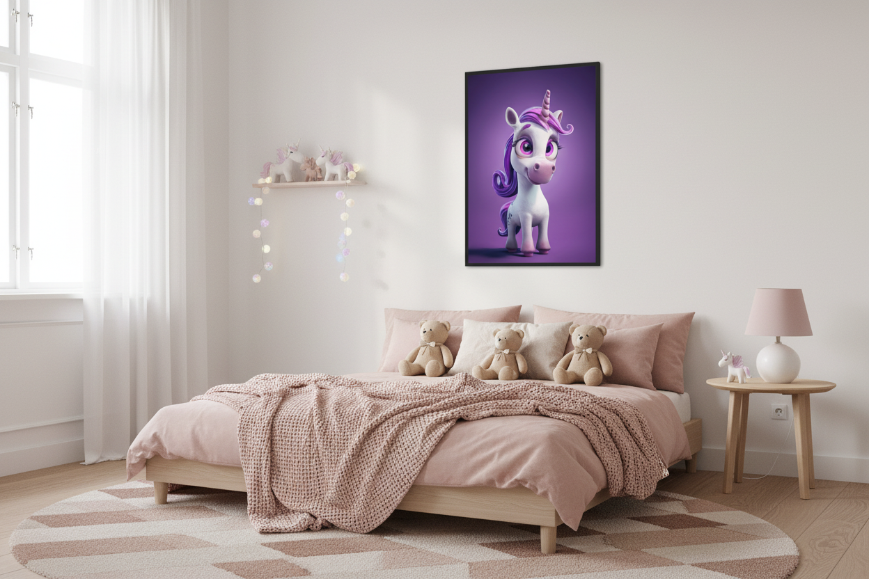 Hyggeligt børneværelse med enhjørning plakat