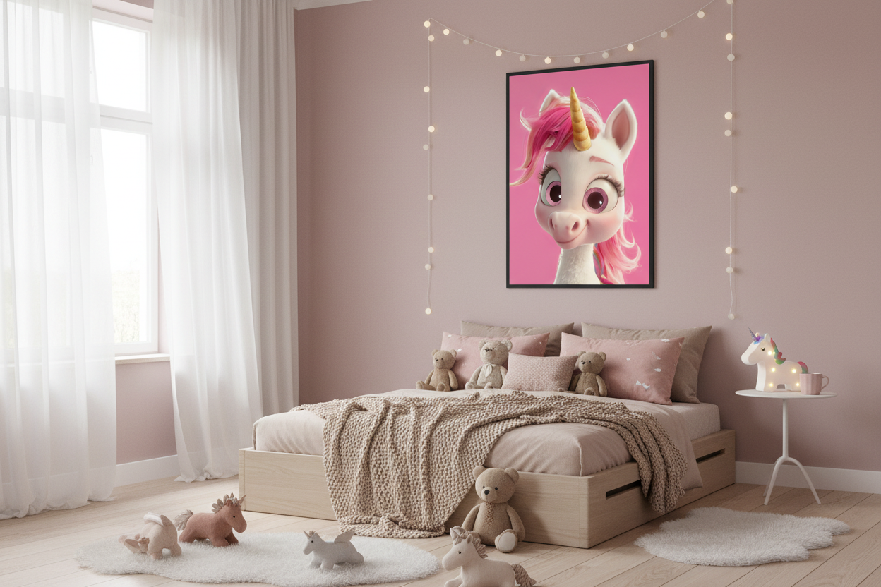 Hyggeligt børneværelse med enhjørning plakat
