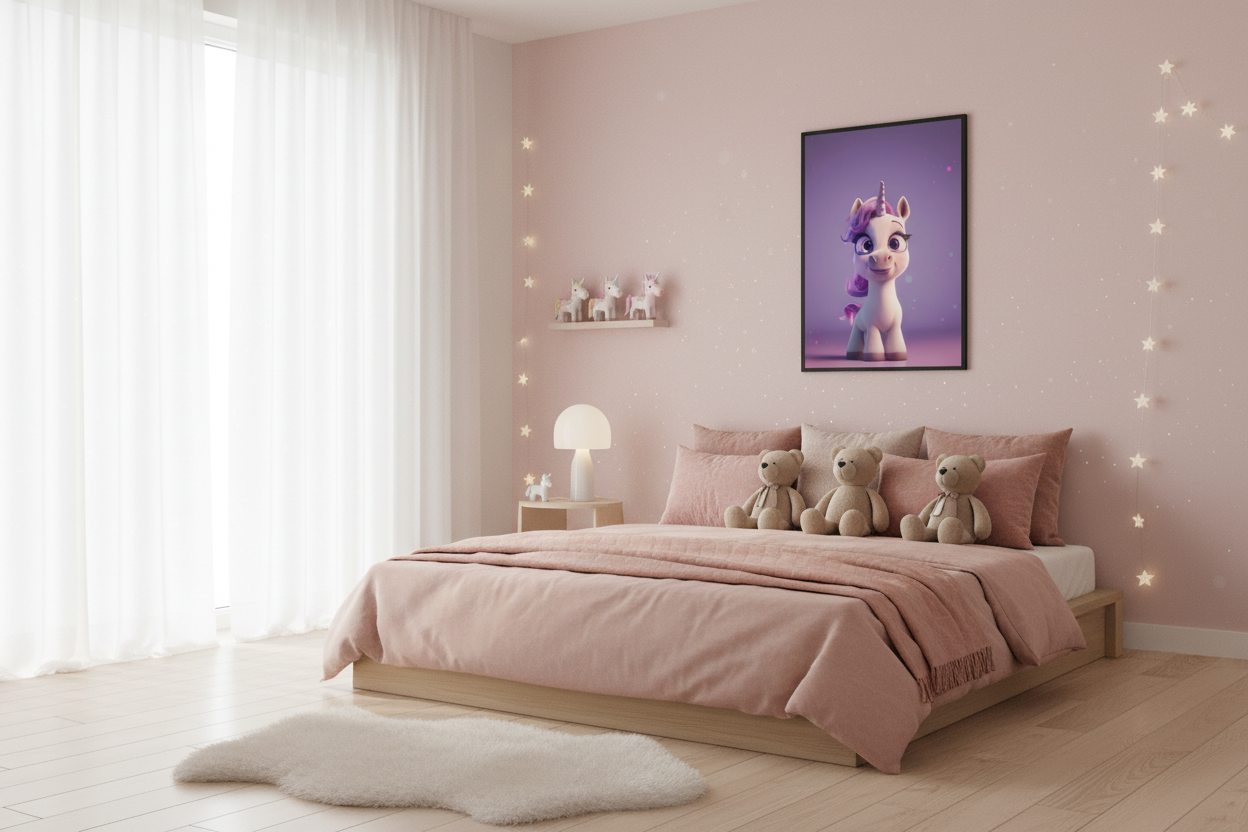 Hyggeligt børneværelse med enhjørning plakat