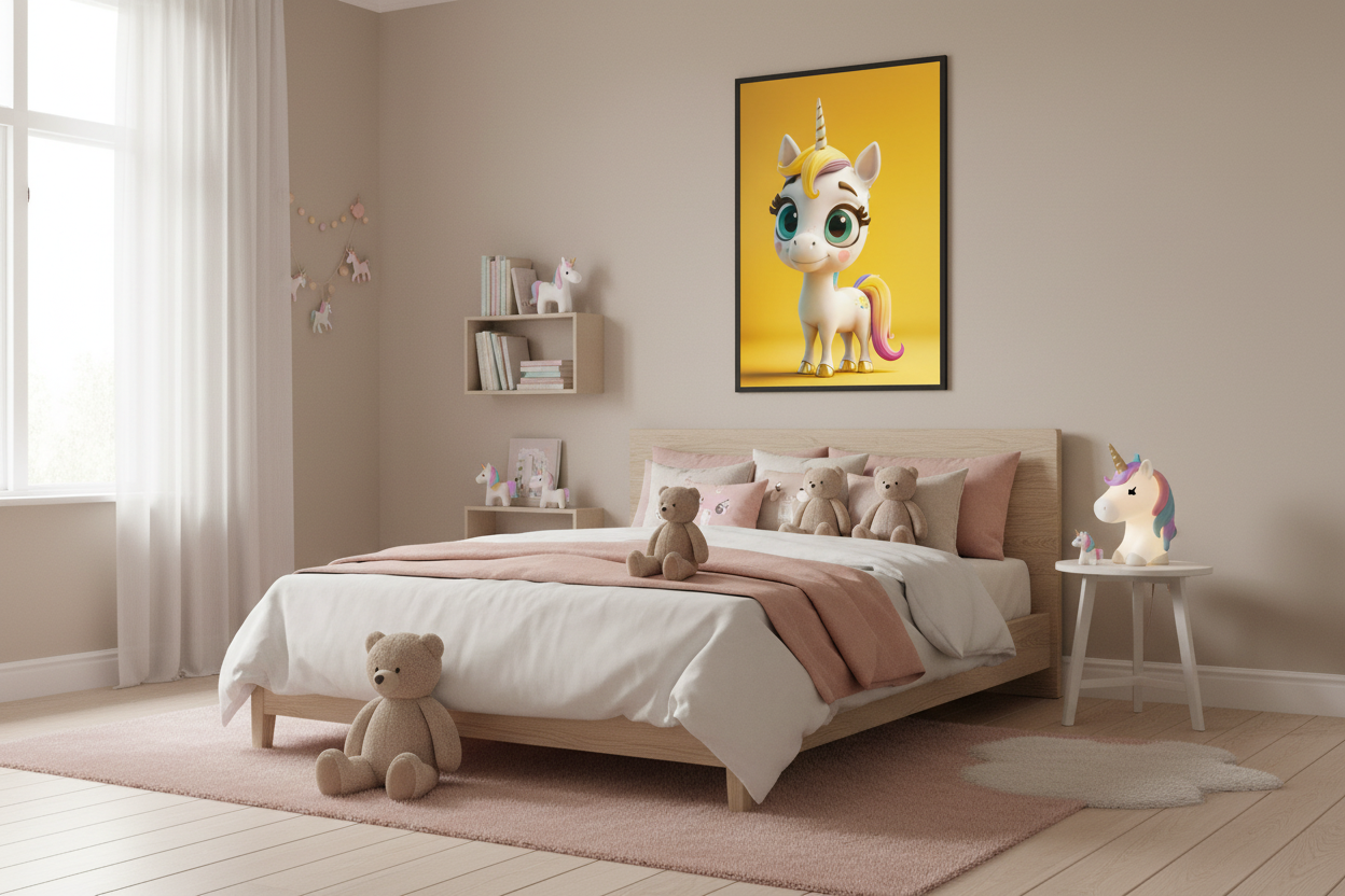 Hyggeligt børneværelse med enhjørning plakat