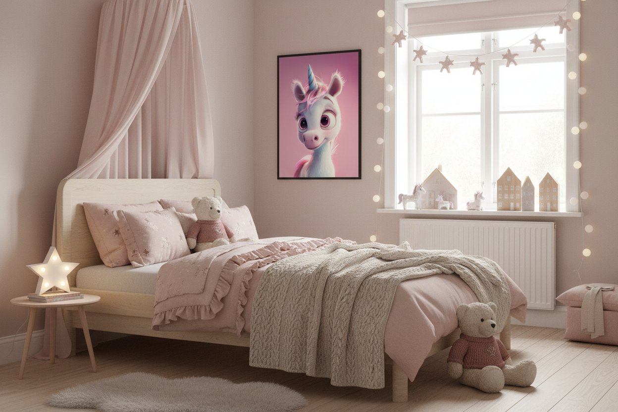 Hyggeligt børneværelse med enhjørning plakat