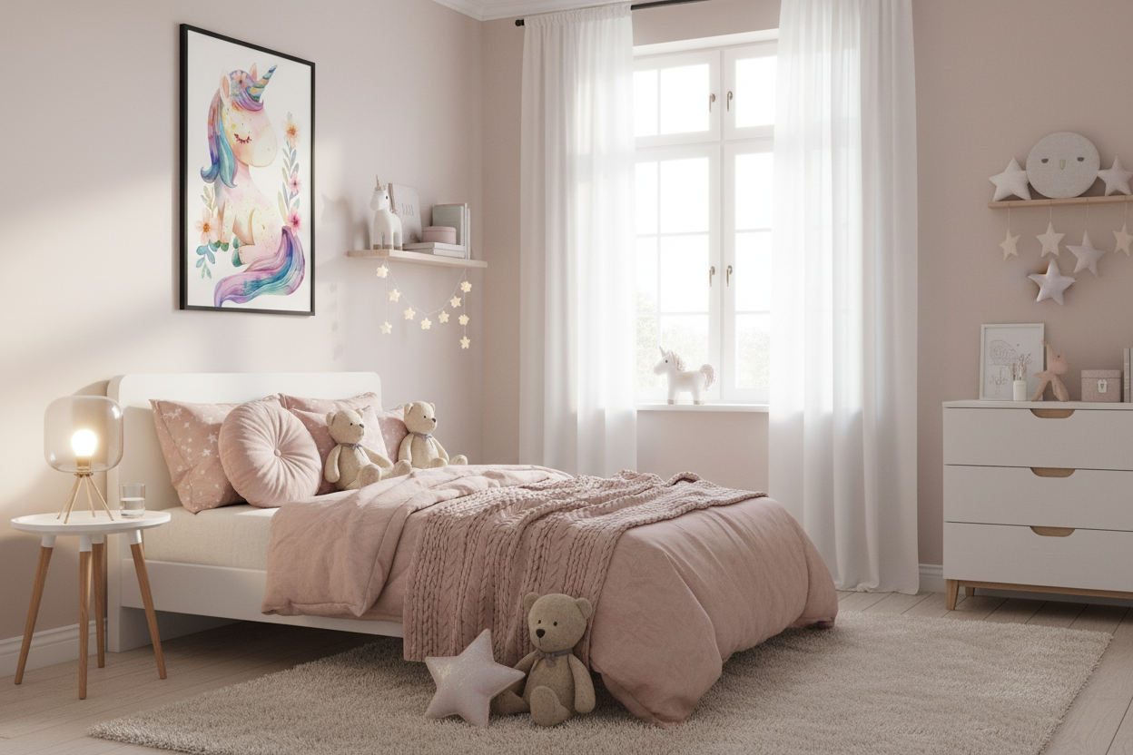 Hyggeligt børneværelse med enhjørning plakat