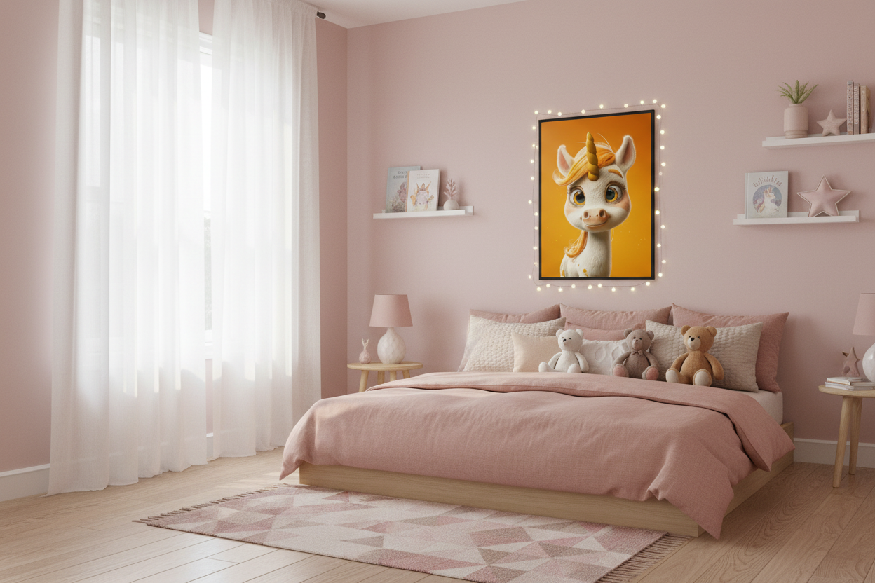 Hyggeligt børneværelse med enhjørning plakat