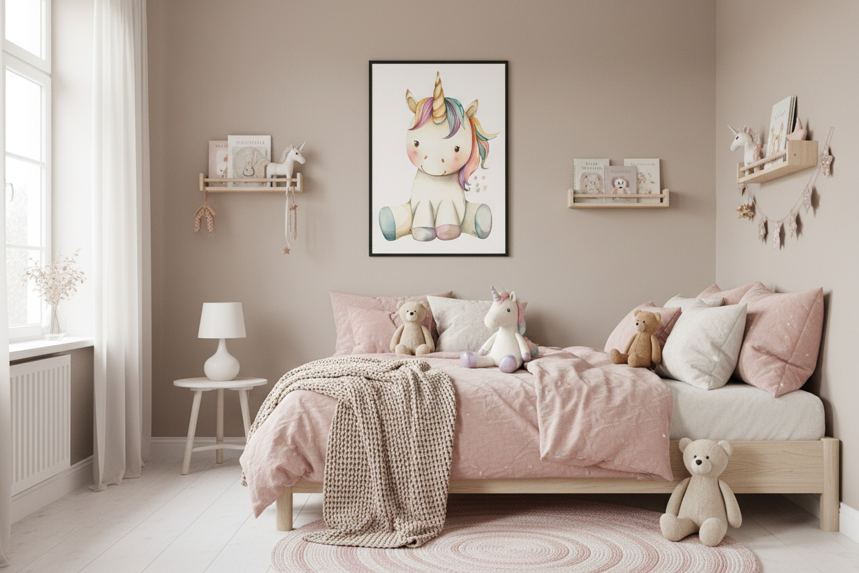 Hyggeligt børneværelse med enhjørning plakat