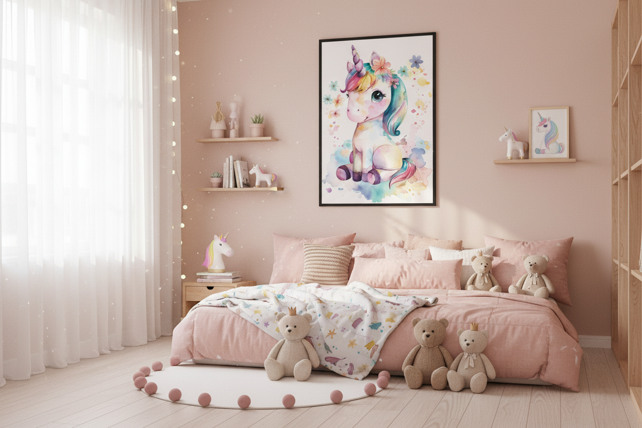 Hyggeligt børneværelse med enhjørning plakat