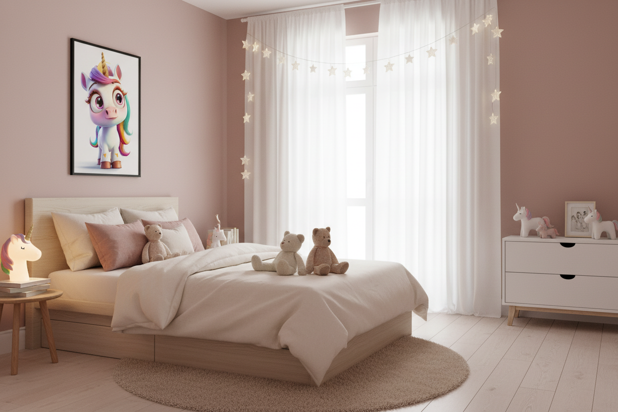 Hyggeligt børneværelse med enhjørning plakat