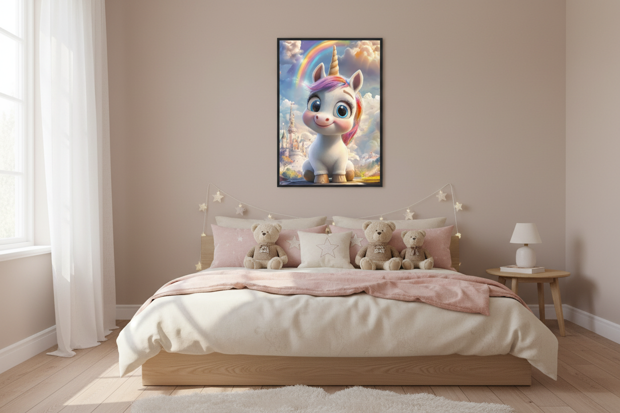 Hyggeligt børneværelse med enhjørning plakat