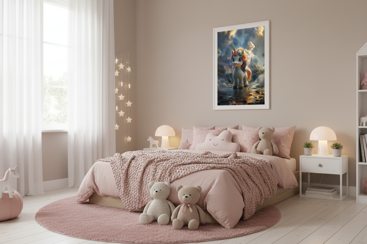 Hyggeligt børneværelse med enhjørning plakat