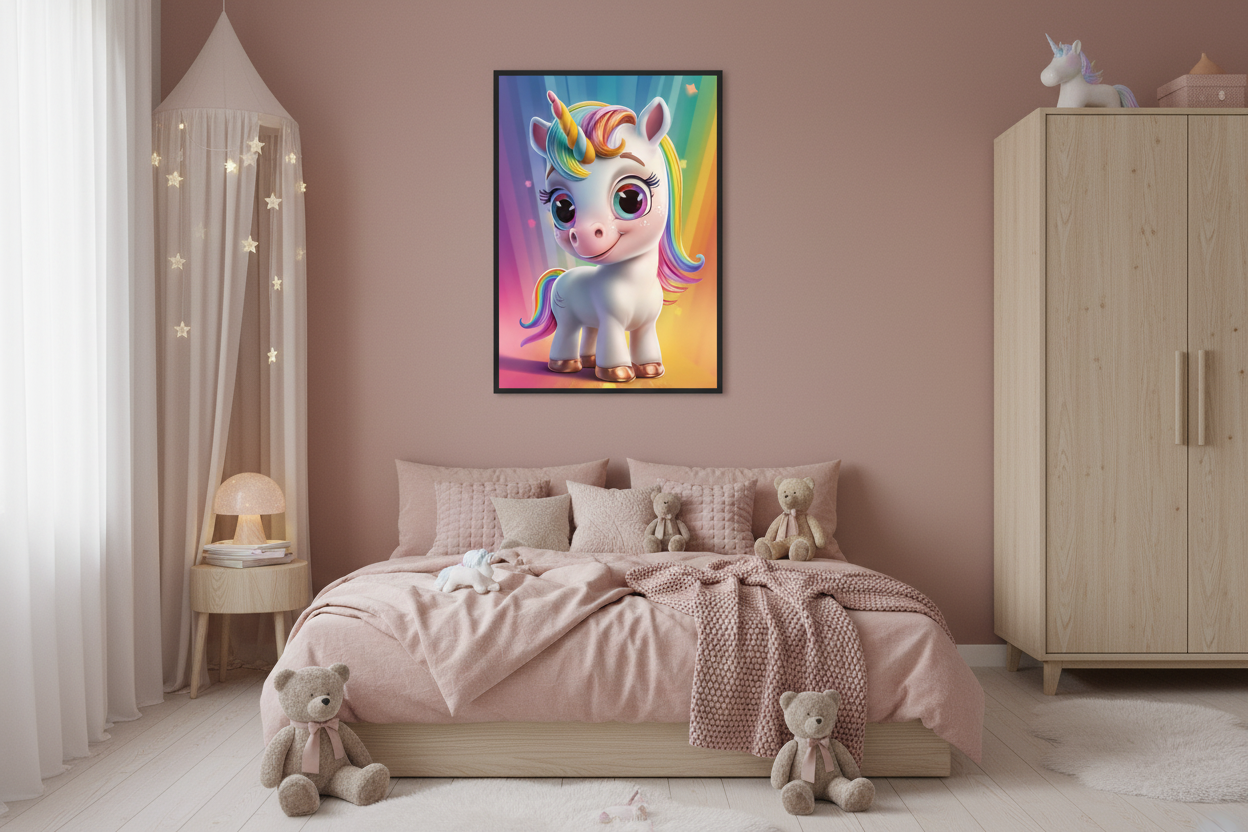 Hyggeligt børneværelse med enhjørning plakat