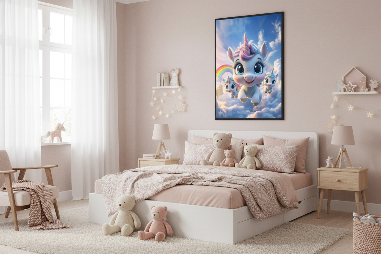 Hyggeligt børneværelse med enhjørning plakat
