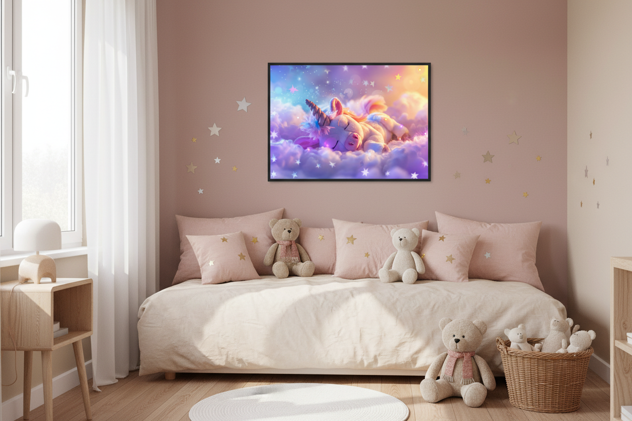 Hyggeligt børneværelse med enhjørning plakat