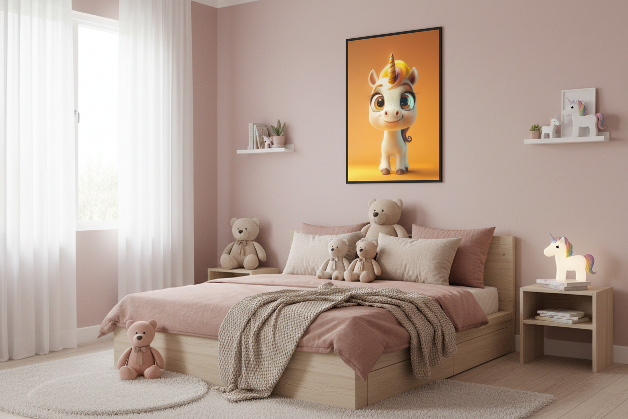 Hyggeligt børneværelse med enhjørning plakat