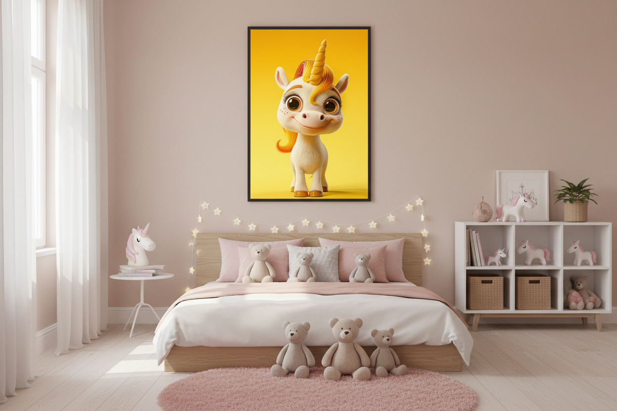 Hyggeligt børneværelse med enhjørning plakat