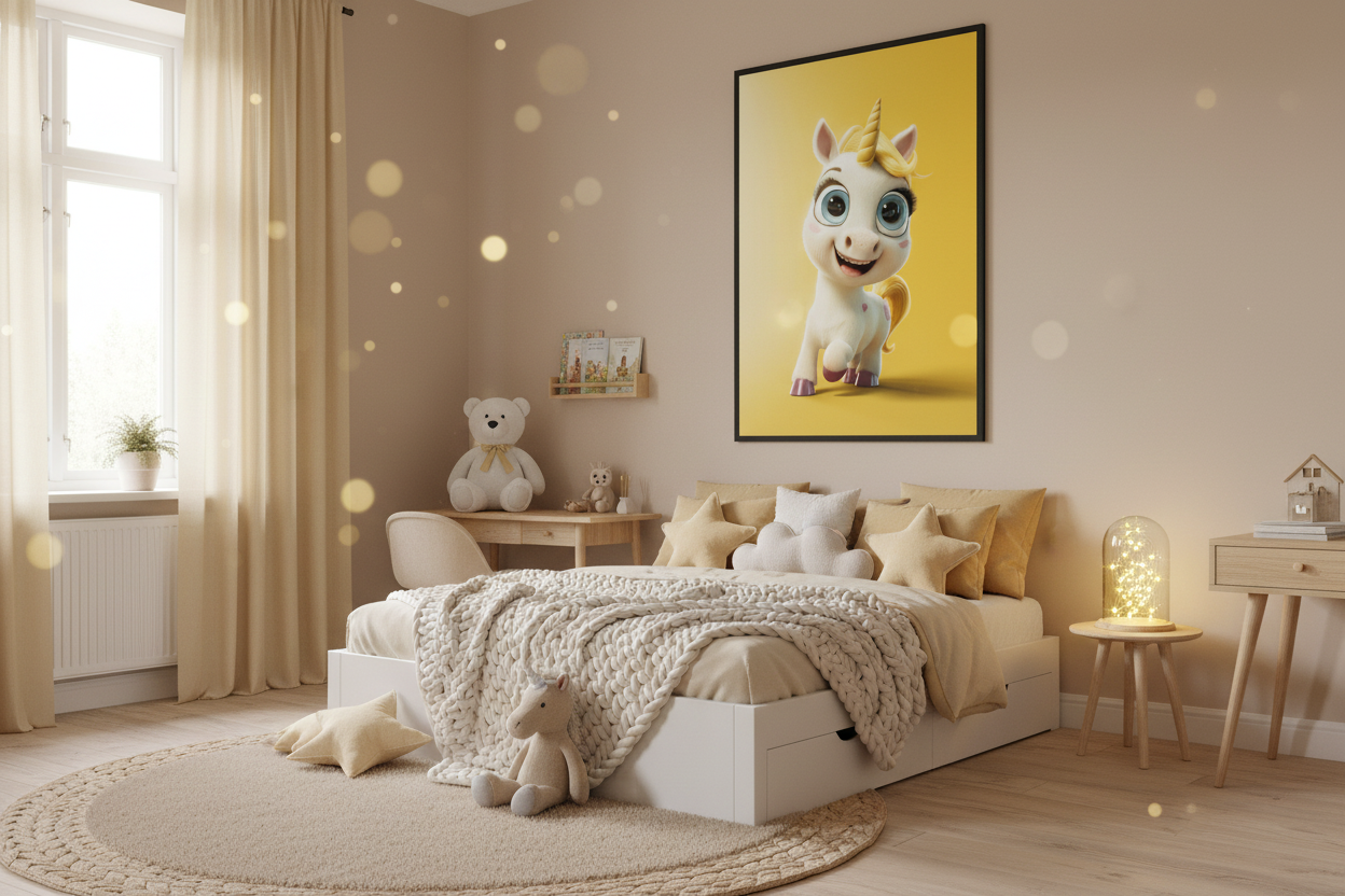 Hyggeligt børneværelse med enhjørning plakat