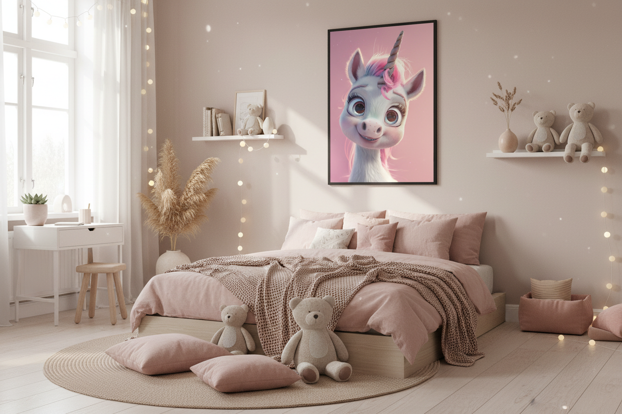 Hyggeligt børneværelse med enhjørning plakat